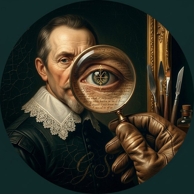 Portrait of Grant Sable examining a painting through a magnifying glass